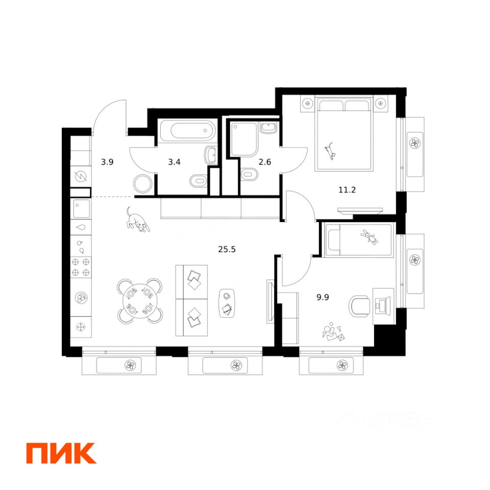 2-комн.кв., 56,5 м², 19/22 этаж