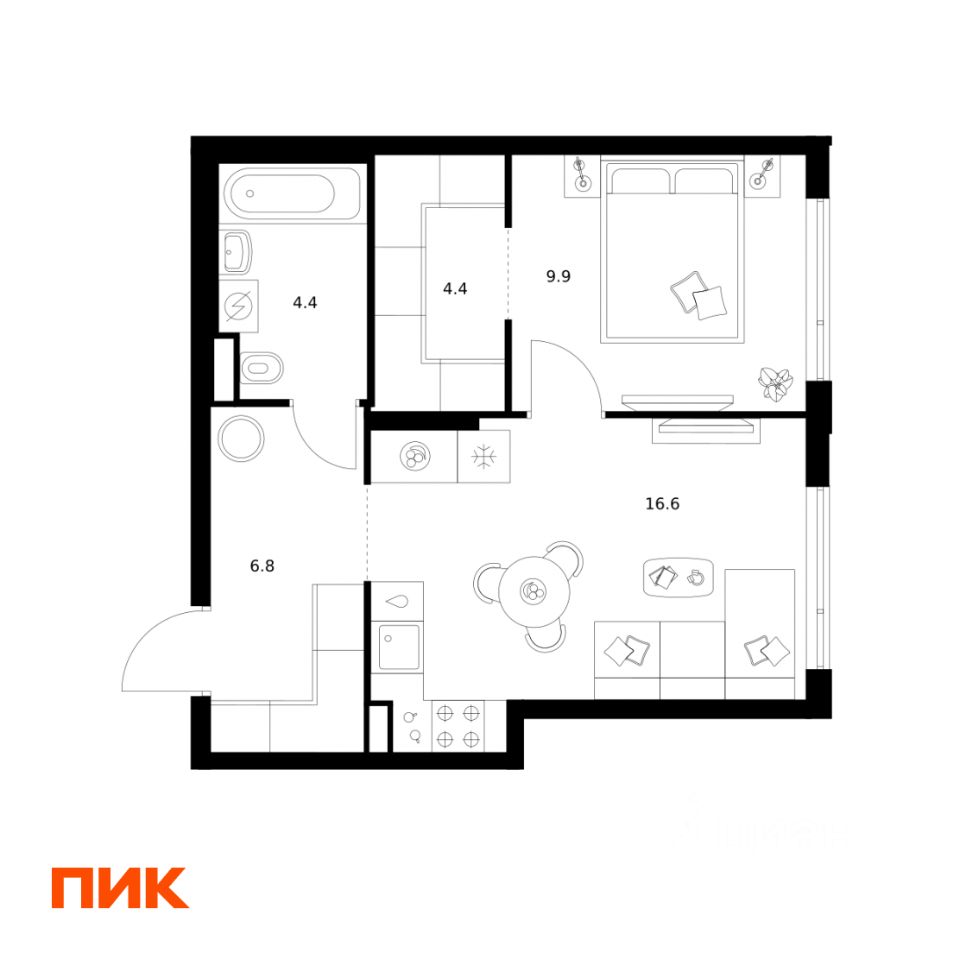 1-комн.кв., 42,1 м², 21/22 этаж