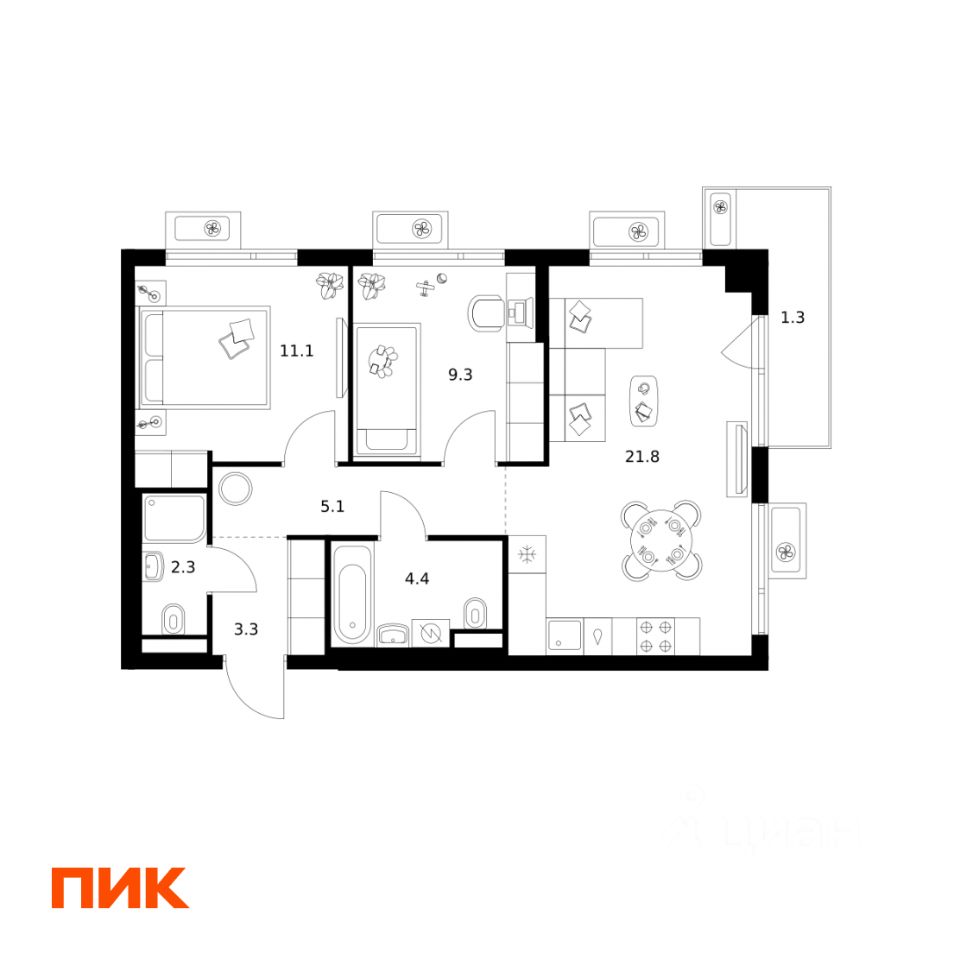 2-комн.кв., 58,6 м², 4/9 этаж