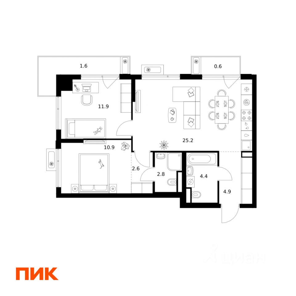 2-комн.кв., 64,9 м², 10/22 этаж