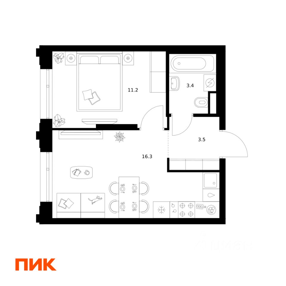 1-комн.кв., 34,4 м², 15/32 этаж
