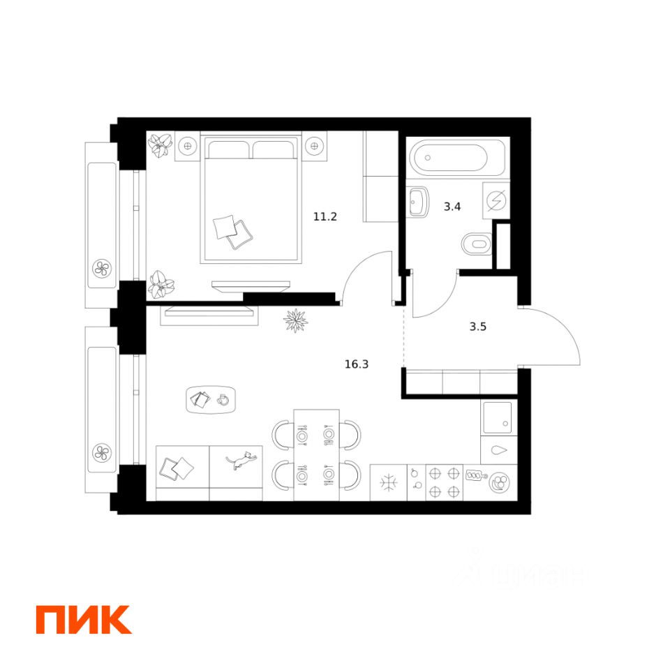 1-комн.кв., 34,4 м², 12/32 этаж