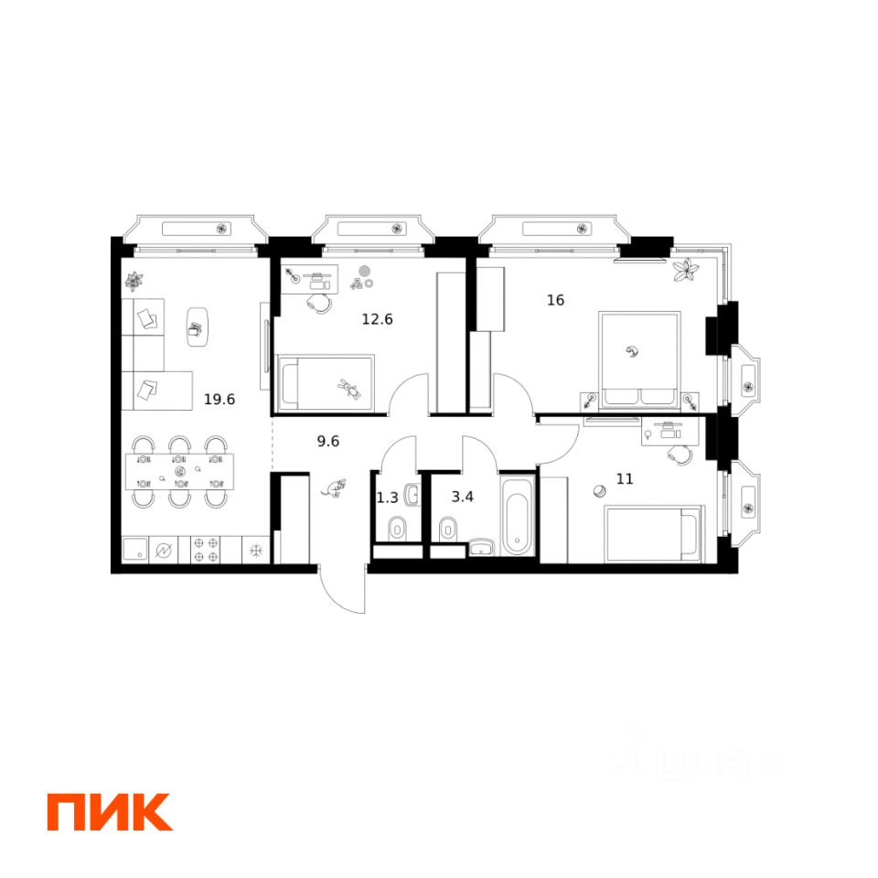 3-комн.кв., 73,5 м², 6/16 этаж