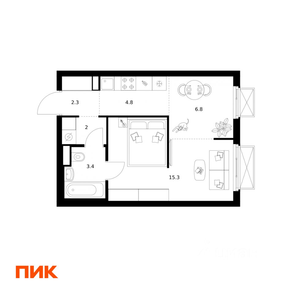 1-комн.кв., 34,6 м², 12/20 этаж