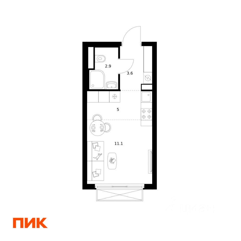 Студия, 22,6 м², 6/20 этаж