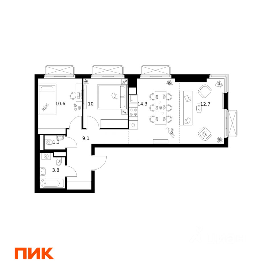 2-комн.кв., 61,8 м², 22/26 этаж