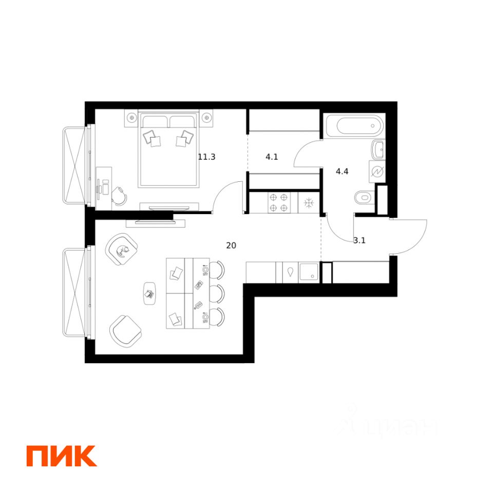 1-комн.кв., 42,9 м², 11/26 этаж