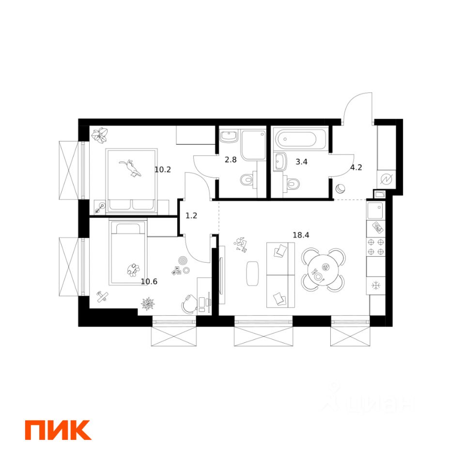 2-комн.кв., 50,8 м², 12/30 этаж