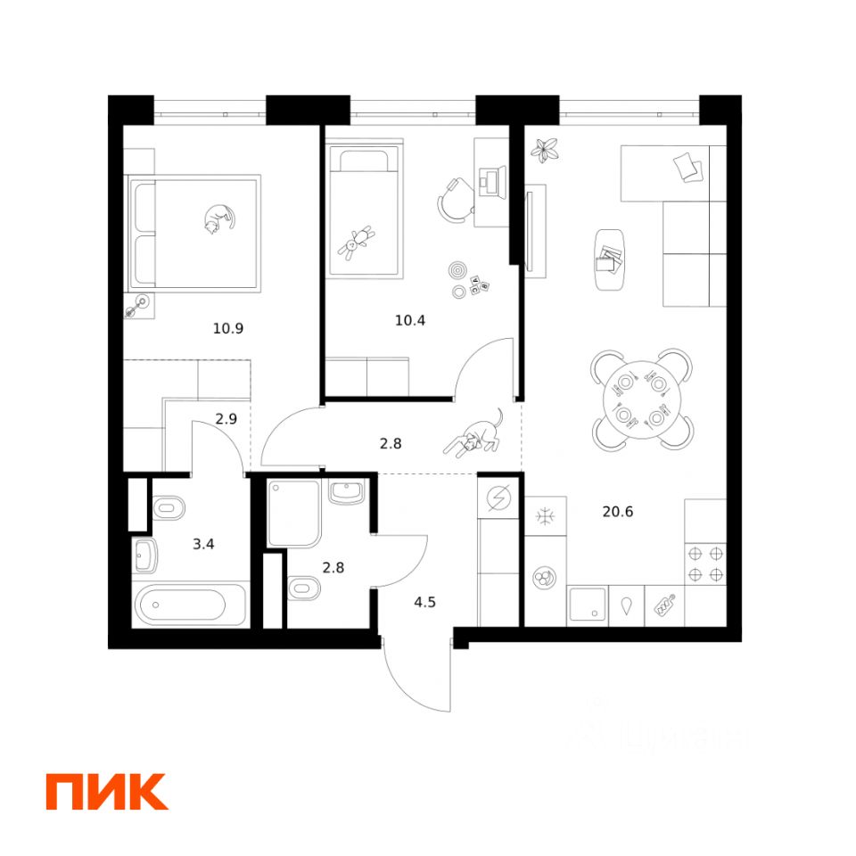 2-комн.кв., 58,3 м², 37/43 этаж