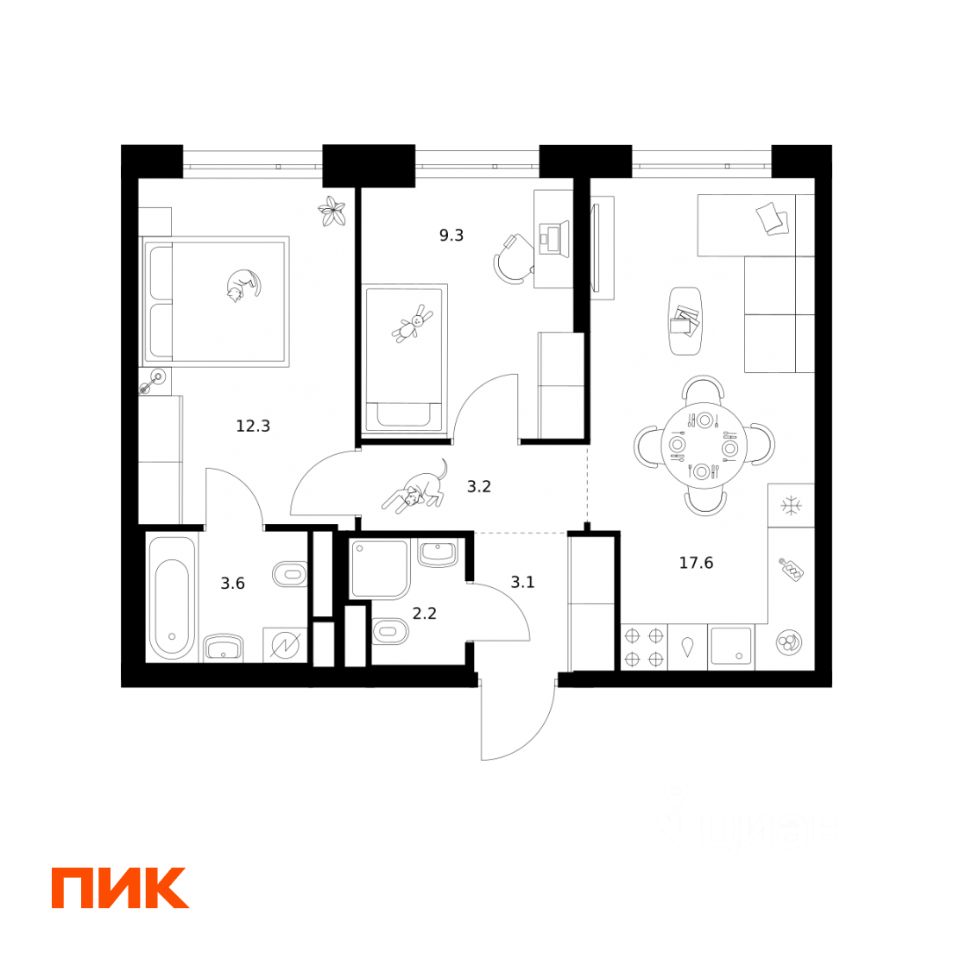 2-комн.кв., 51,3 м², 6/43 этаж
