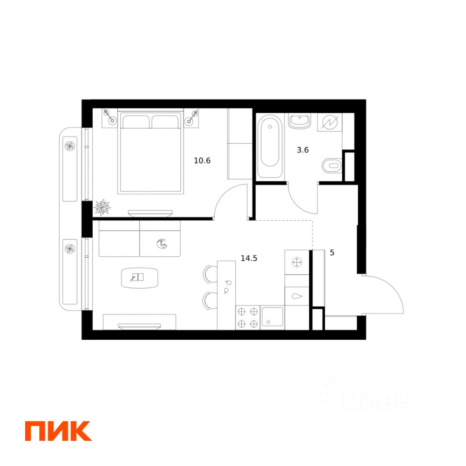 1-комн.кв., 33,7 м², 14/15 этаж