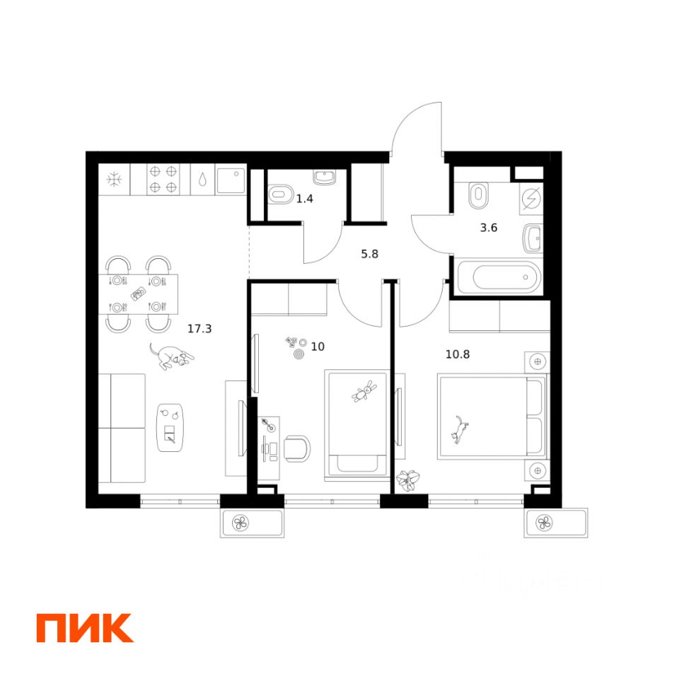 2-комн.кв., 48,9 м², 3/15 этаж