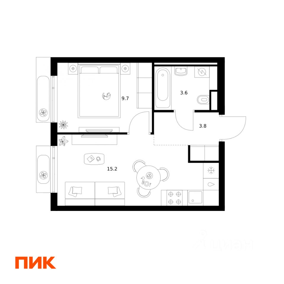 1-комн.кв., 32,3 м², 7/15 этаж