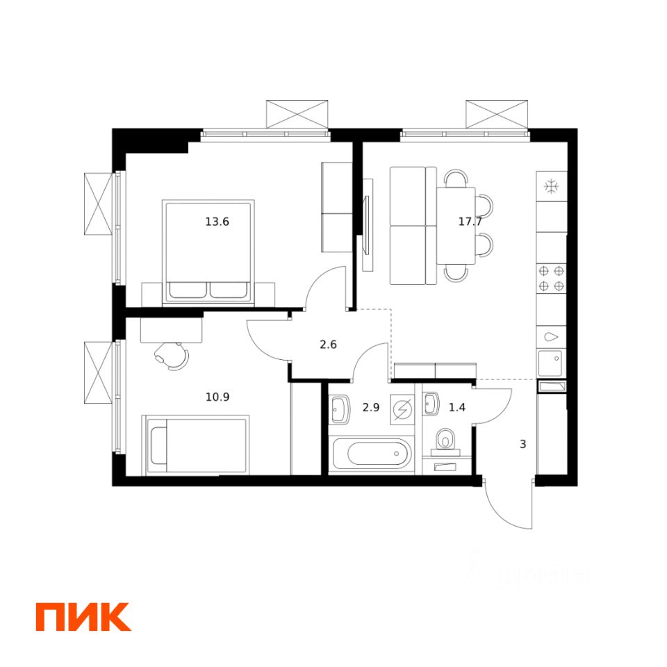 2-комн.кв., 52,1 м², 7/13 этаж