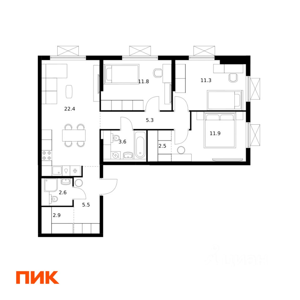 3-комн.кв., 79,8 м², 4/24 этаж