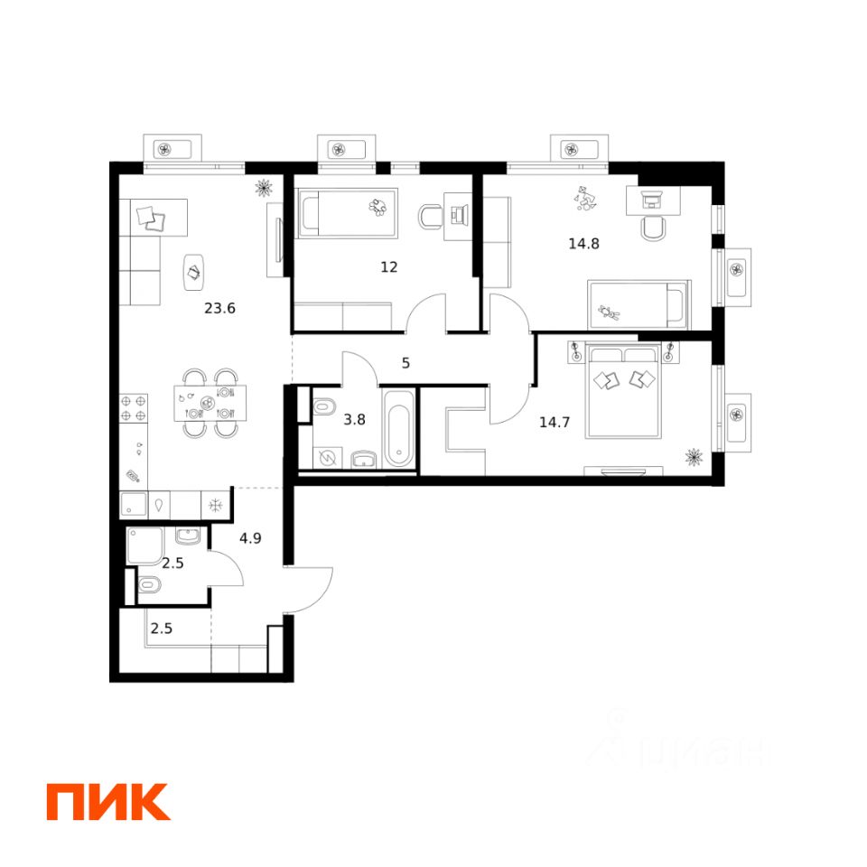 3-комн.кв., 83,8 м², 21/24 этаж