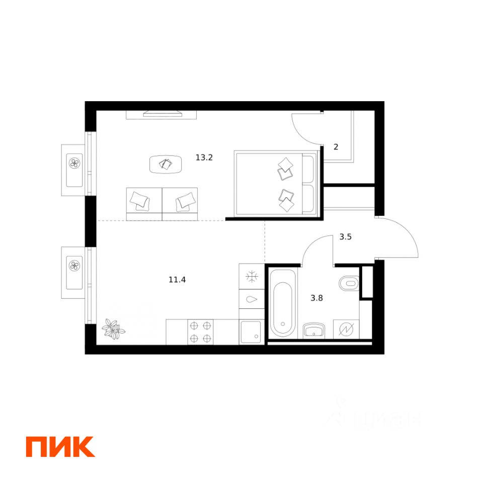 1-комн.кв., 33,9 м², 21/24 этаж