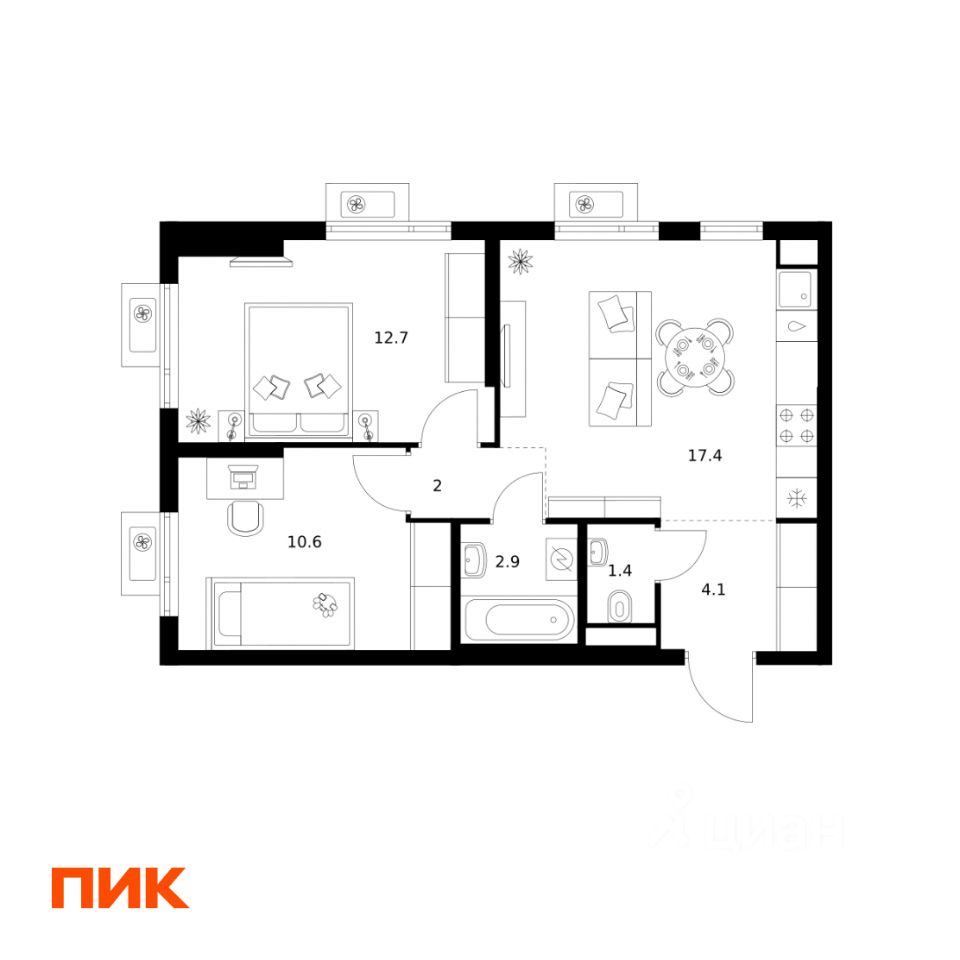 2-комн.кв., 51,1 м², 7/24 этаж