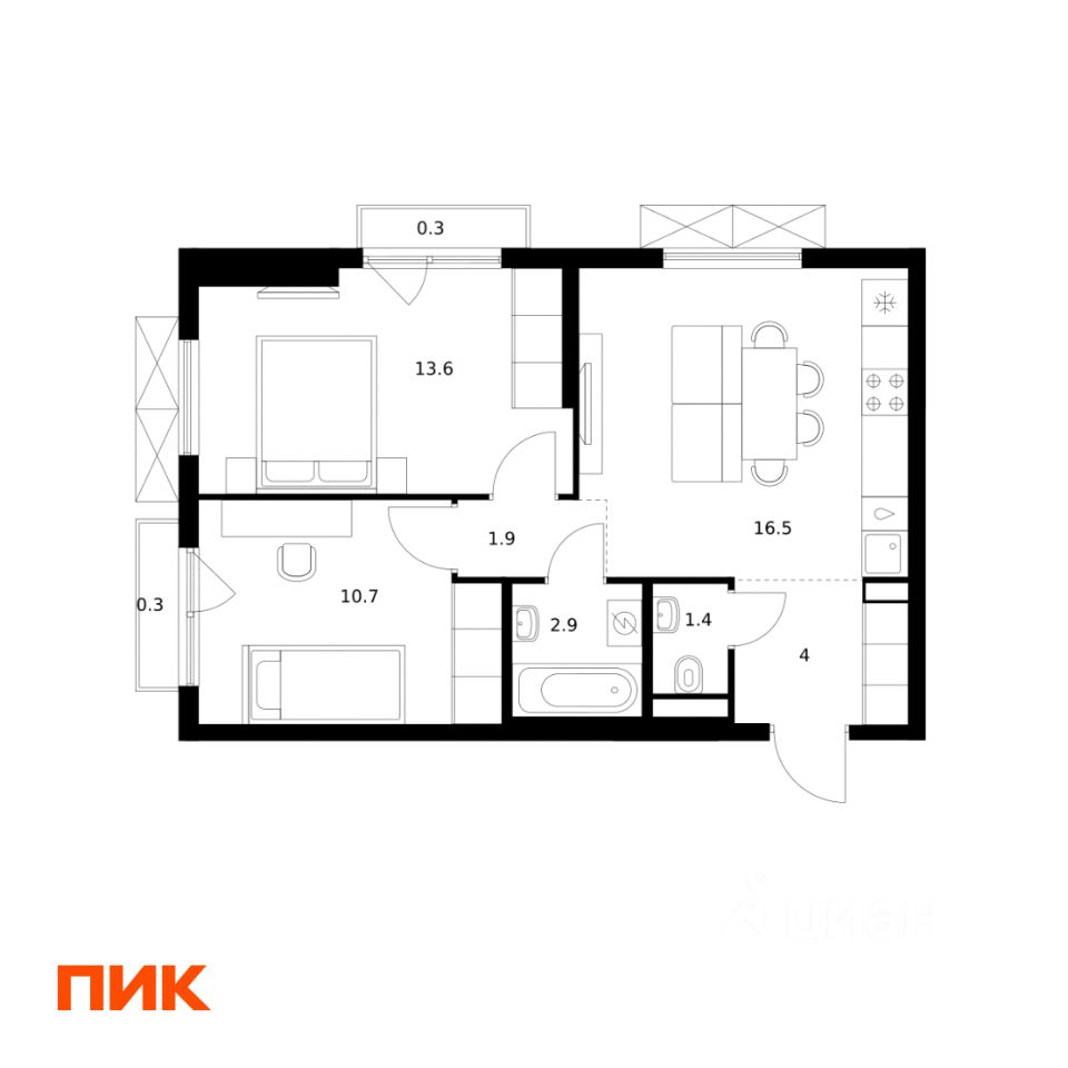 2-комн.кв., 51,6 м², 3/25 этаж
