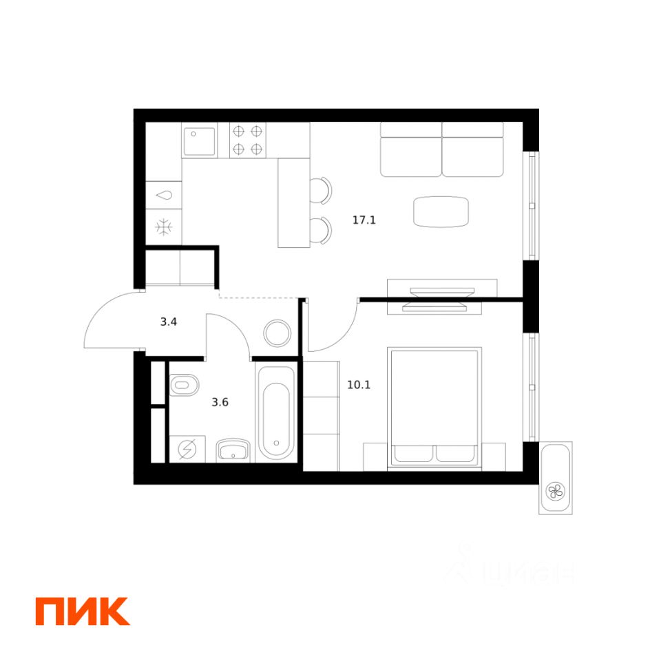 1-комн.кв., 34,2 м², 20/24 этаж