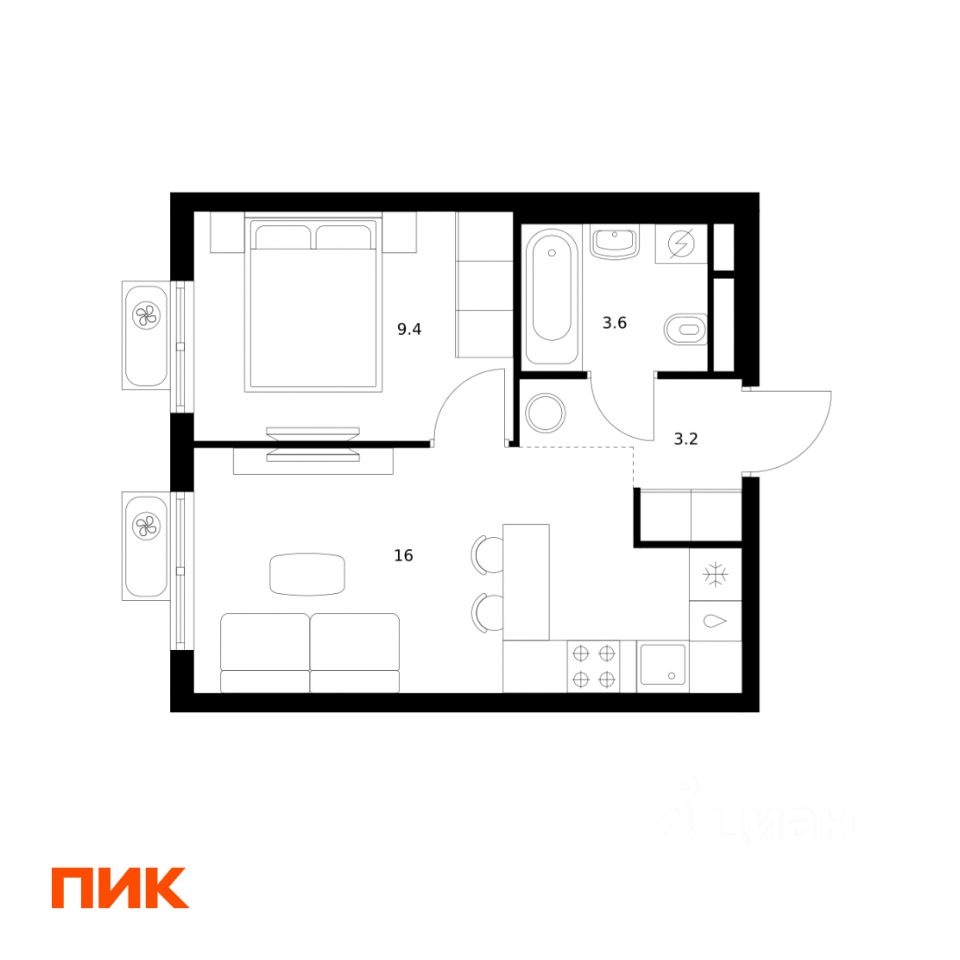 1-комн.кв., 32,2 м², 12/24 этаж