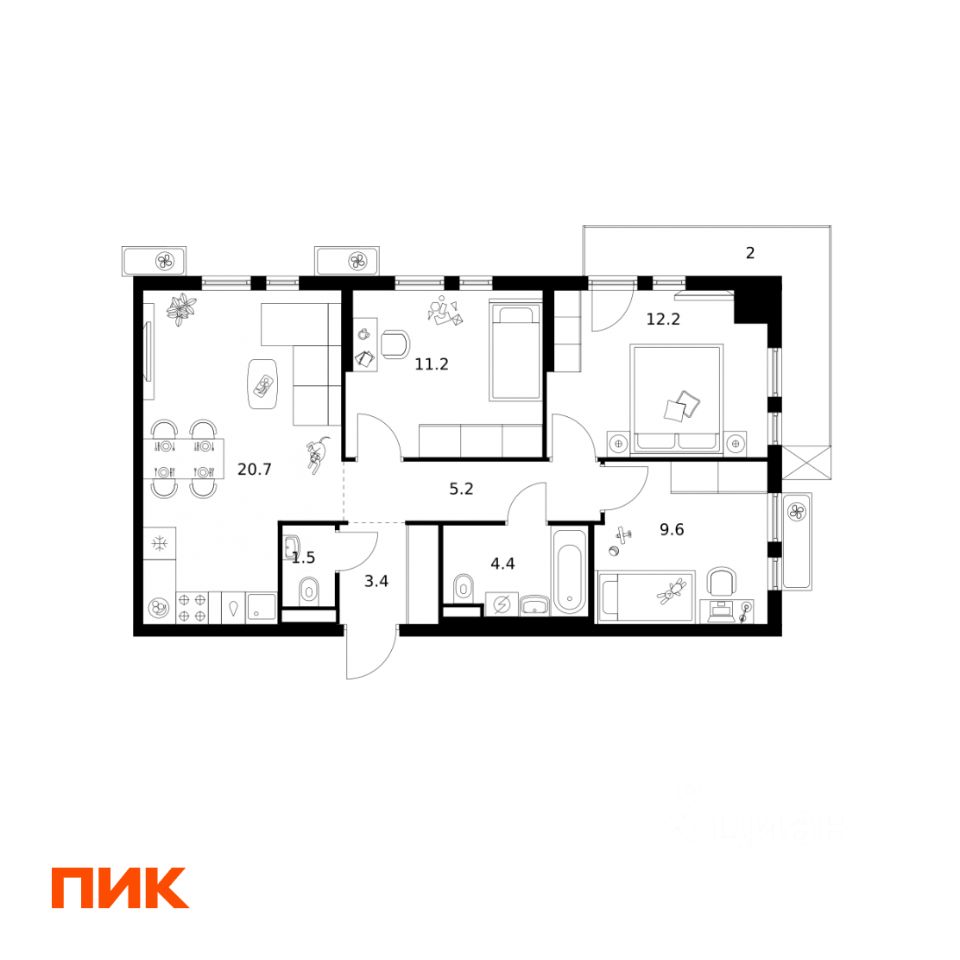 3-комн.кв., 70,2 м², 3/25 этаж