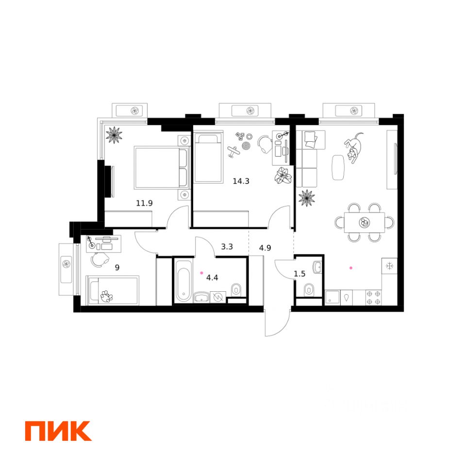 3-комн.кв., 73,2 м², 8/19 этаж