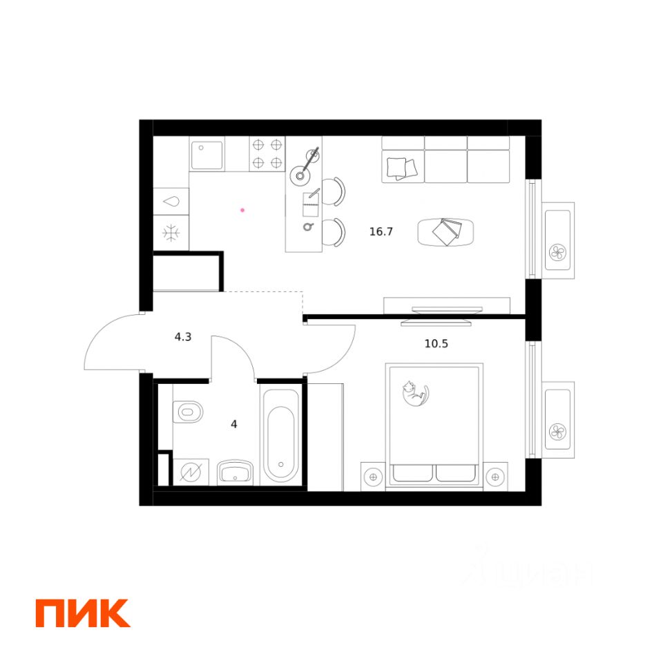 1-комн.кв., 35,5 м², 7/15 этаж