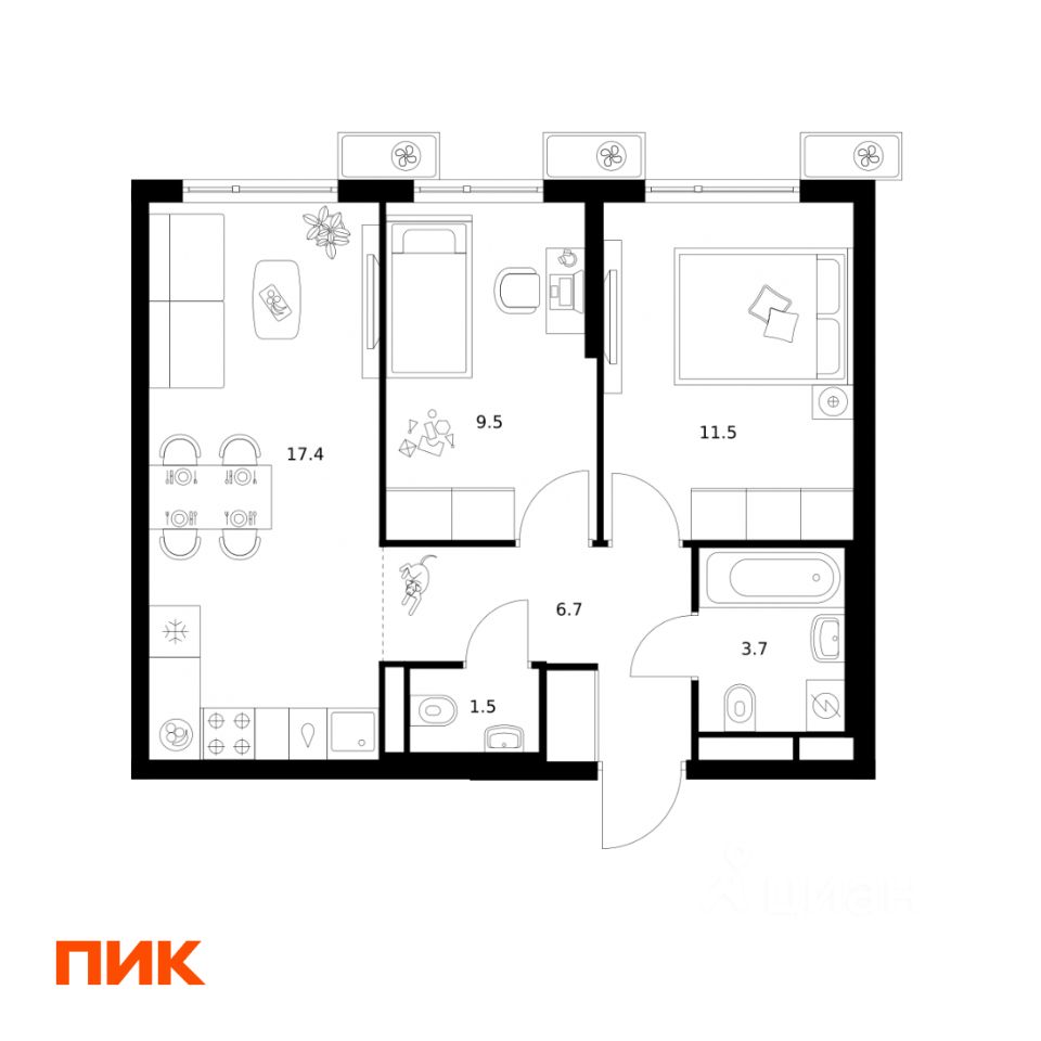 2-комн.кв., 50,3 м², 14/25 этаж