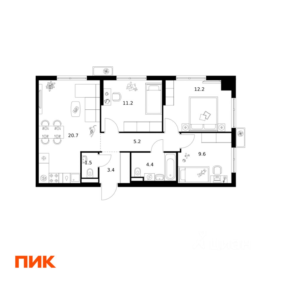 3-комн.кв., 68,2 м², 22/25 этаж