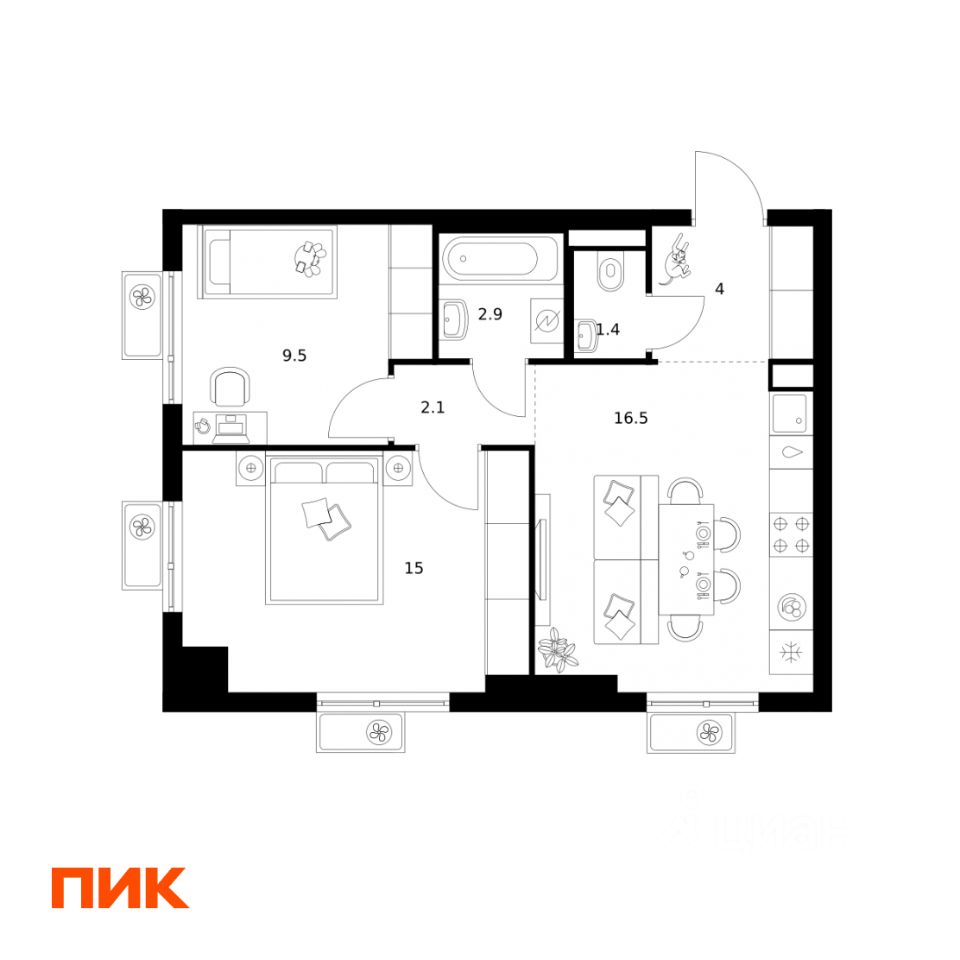 2-комн.кв., 51,4 м², 14/25 этаж