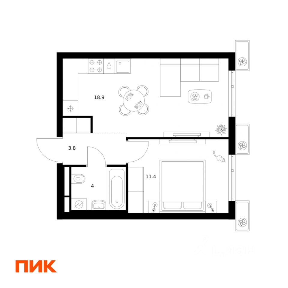 1-комн.кв., 38,1 м², 8/14 этаж