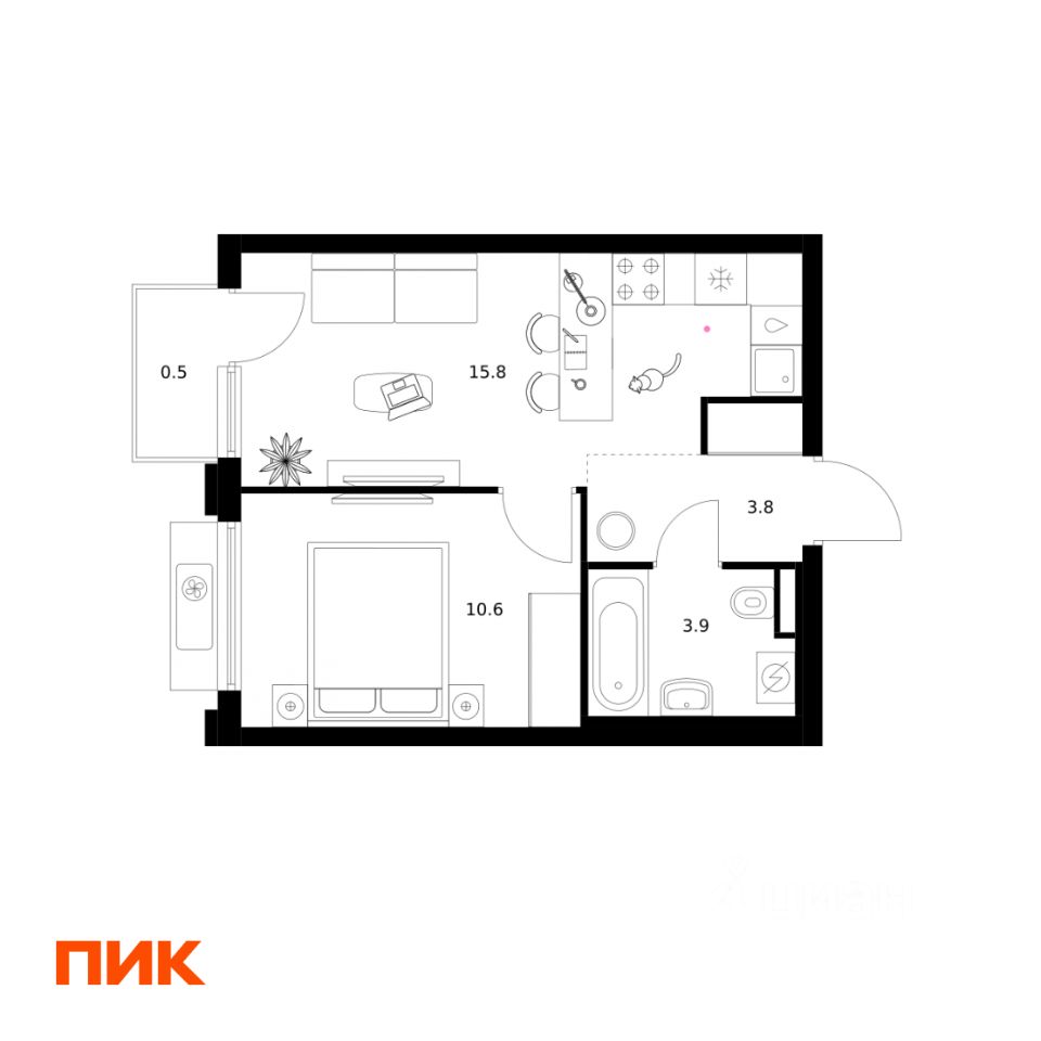 1-комн.кв., 34,6 м², 13/19 этаж