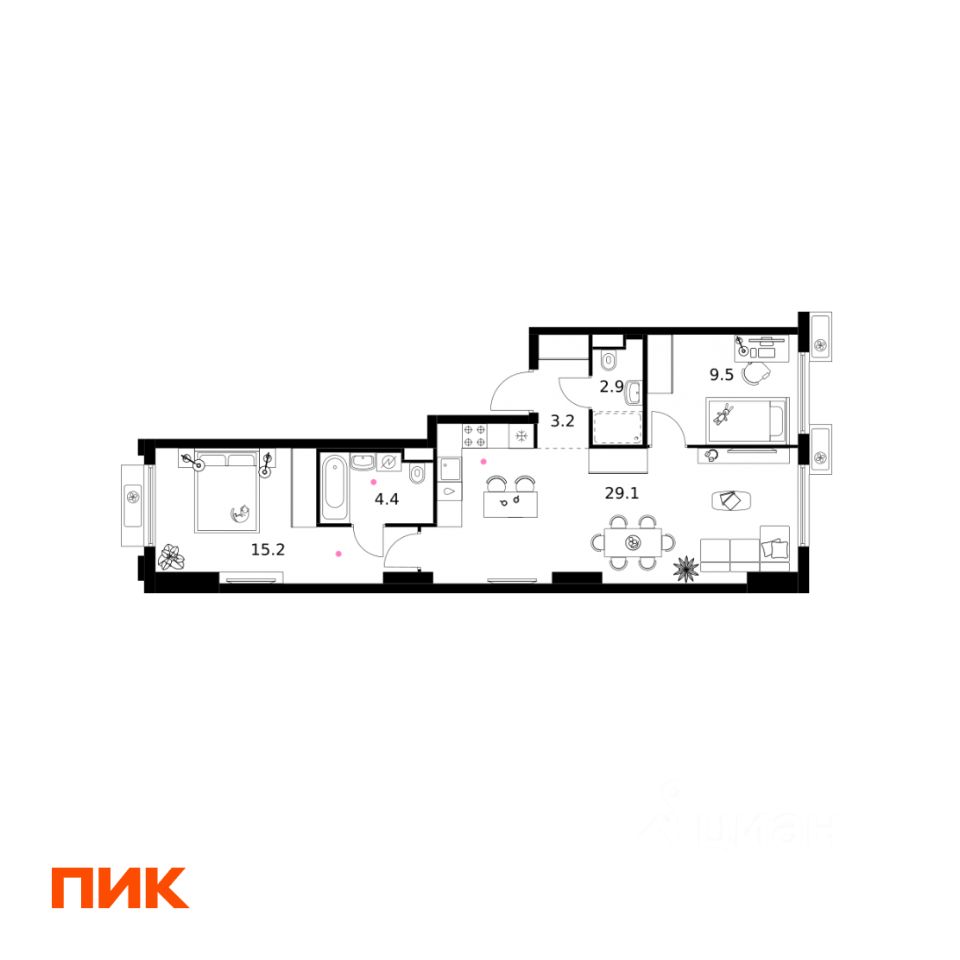 2-комн.кв., 64,3 м², 10/19 этаж