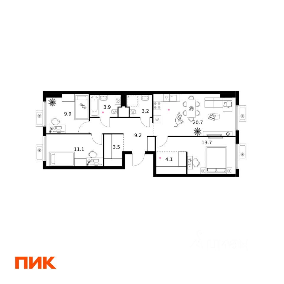 3-комн.кв., 79,3 м², 11/15 этаж