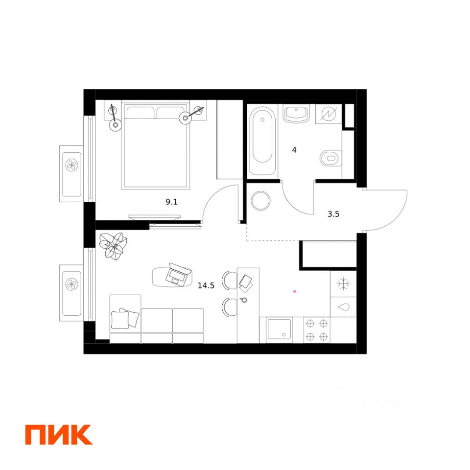 1-комн.кв., 31,1 м², 9/15 этаж