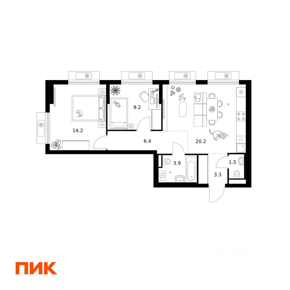 2-комн.кв., 58,7 м², 9/11 этаж