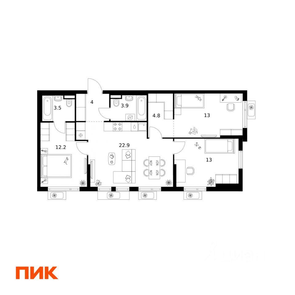 3-комн.кв., 77,3 м², 12/25 этаж