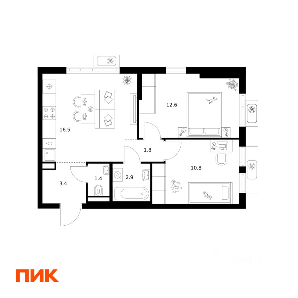 2-комн.кв., 49,4 м², 18/25 этаж