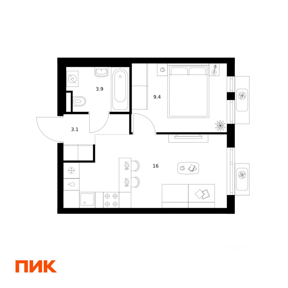 1-комн.кв., 32,4 м², 16/25 этаж