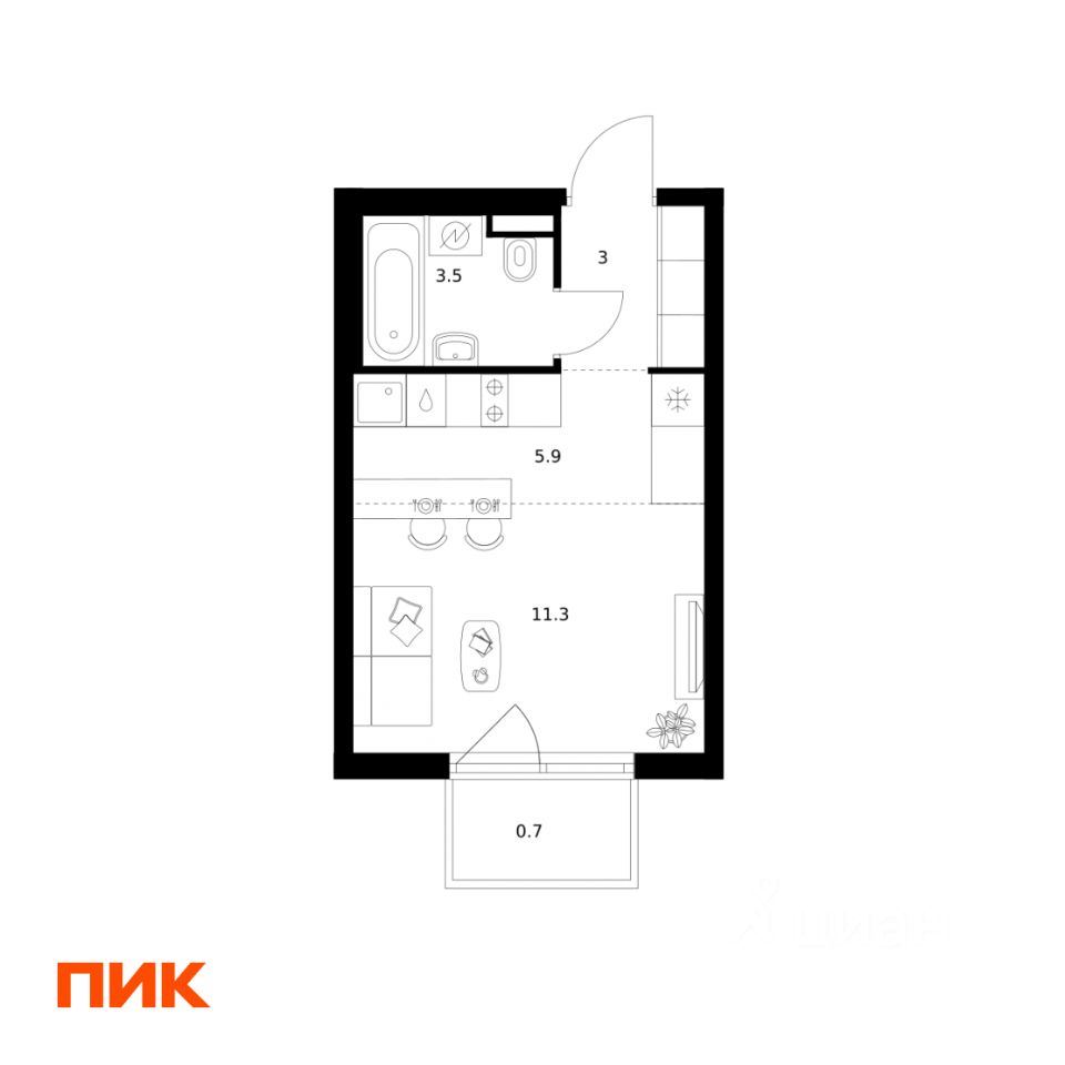 Студия, 24,4 м², 15/25 этаж