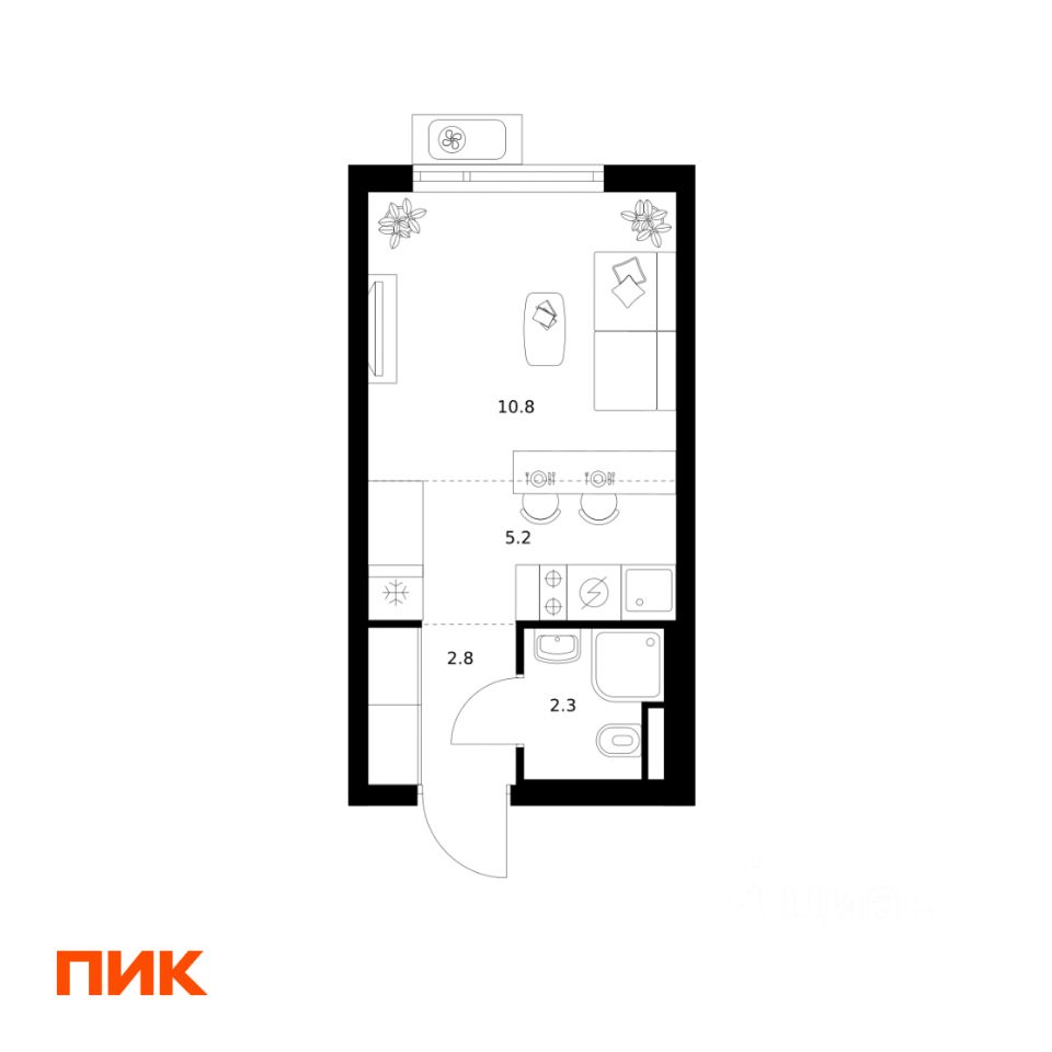 Студия, 21,1 м², 23/25 этаж