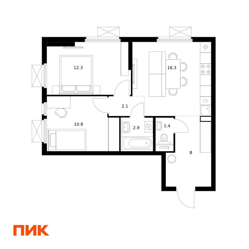 2-комн.кв., 53,8 м², 14/25 этаж