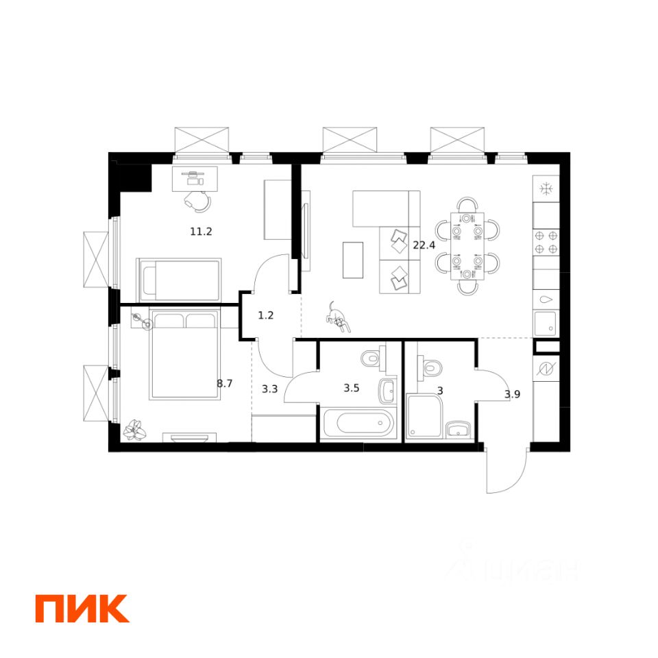 2-комн.кв., 57,2 м², 20/25 этаж