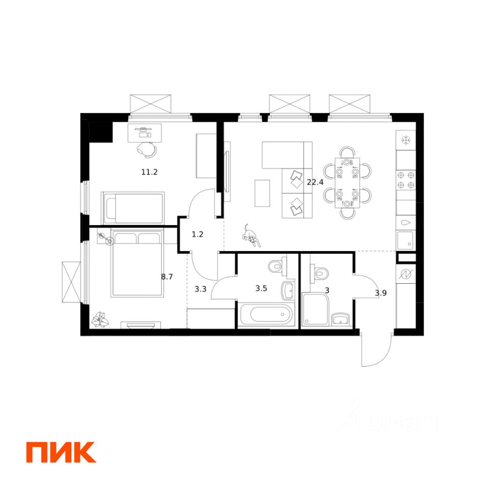 2-комн.кв., 57,2 м², 13/25 этаж