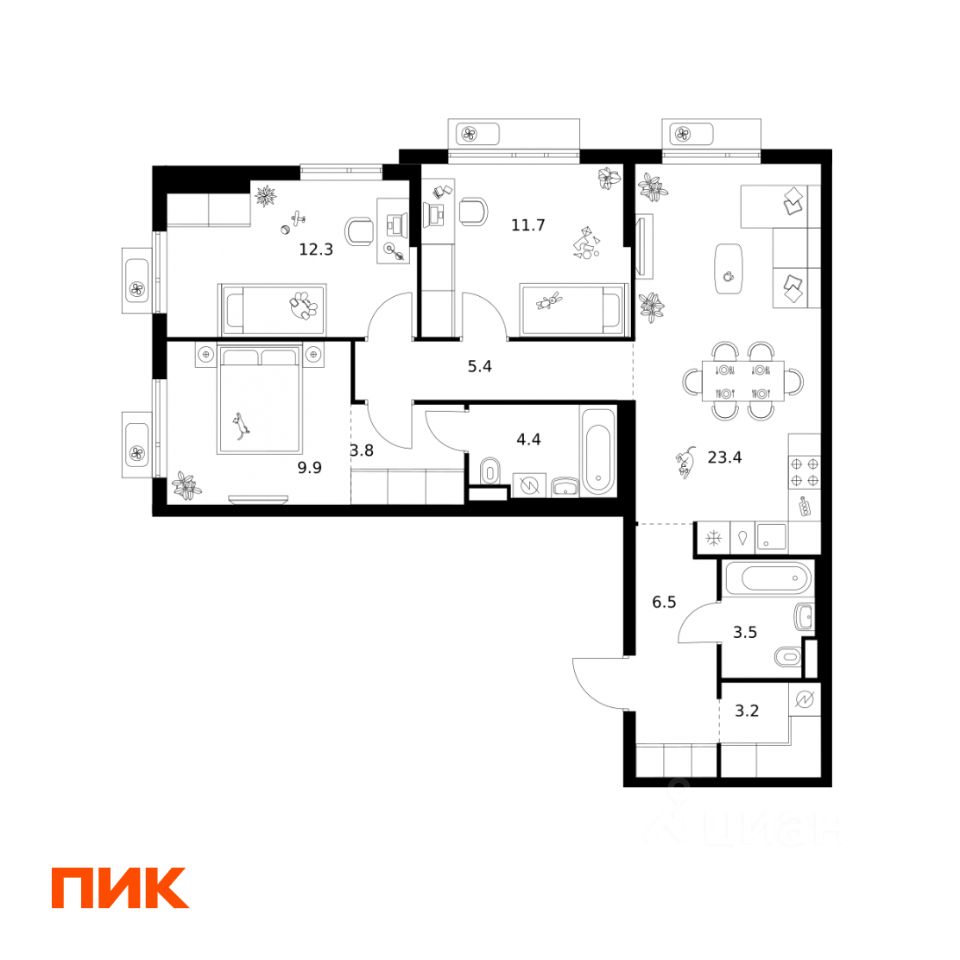 3-комн.кв., 84,1 м², 11/25 этаж