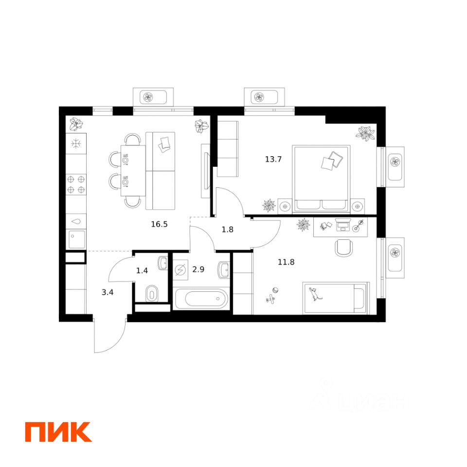 2-комн.кв., 51,5 м², 8/25 этаж