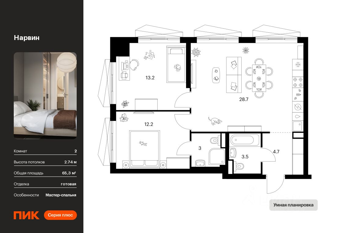 2-комн.кв., 65,3 м², 10/38 этаж
