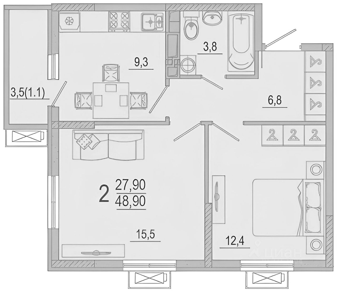 Планировка этой квартиры по данным Циан