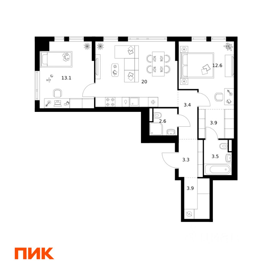 2-комн.кв., 66,3 м², 24/25 этаж